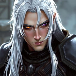 A semidrow male character with long white hair, wearing leather armor