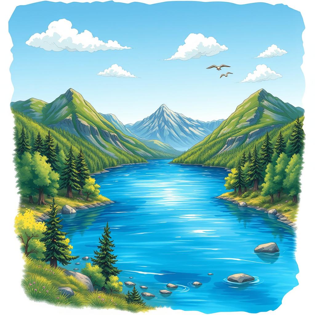 A detailed, colorful illustration of a serene landscape featuring a clear blue lake surrounded by lush green trees and mountains in the background