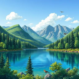 A detailed, colorful illustration of a serene landscape featuring a clear blue lake surrounded by lush green trees and mountains in the background