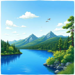 A detailed, colorful illustration of a serene landscape featuring a clear blue lake surrounded by lush green trees and mountains in the background