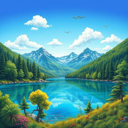 A detailed, colorful illustration of a serene landscape featuring a clear blue lake surrounded by lush green trees and mountains in the background