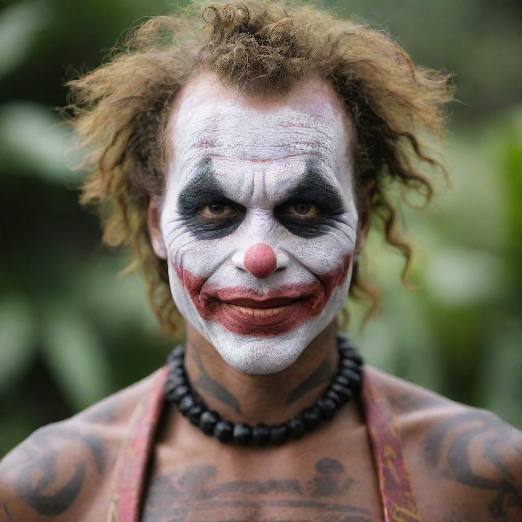 The Joker as interpreted through Papua New Guinea's cultural lens, adorned with traditional attire, face paint, and tribal tattoos.