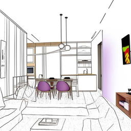 Design an open-plan floor featuring a kitchen, a dining area with a table, a living room with a nine-seater sofa, all seamlessly connected in a modern layout.