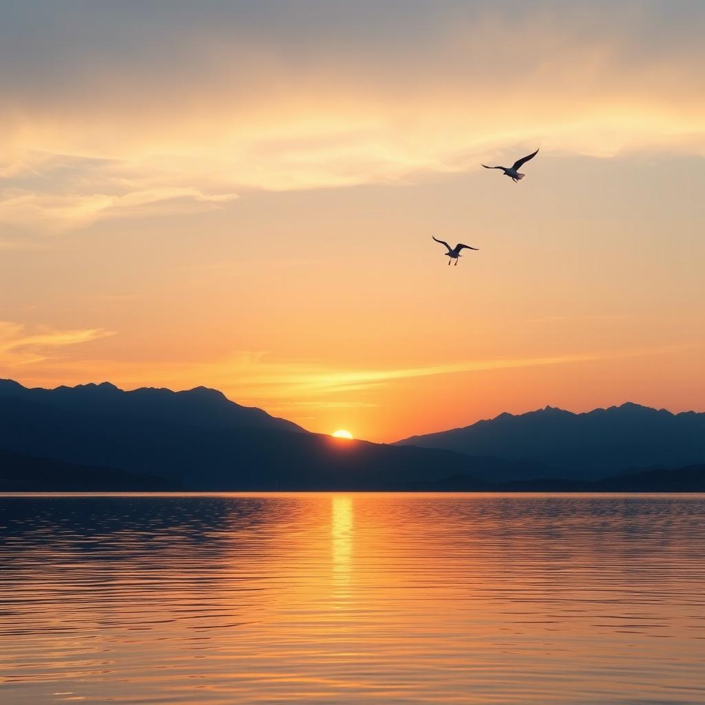 A serene landscape featuring a beautiful sunset over a calm lake with mountains in the background and a few birds flying in the sky