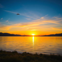 A serene landscape featuring a beautiful sunset over a calm lake with mountains in the background and a few birds flying in the sky