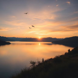 A serene landscape featuring a beautiful sunset over a calm lake with mountains in the background and a few birds flying in the sky