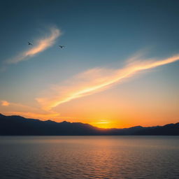 A serene landscape featuring a beautiful sunset over a calm lake with mountains in the background and a few birds flying in the sky