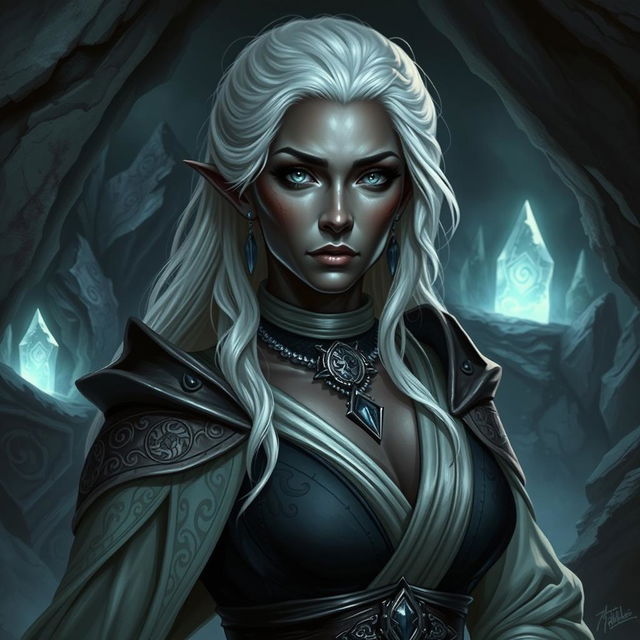 A fantasy-themed image featuring a mature drow woman with elegant and regal attire