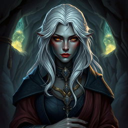 A fantasy-themed image featuring a mature drow woman with elegant and regal attire