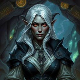 A fantasy-themed image featuring a mature drow woman with elegant and regal attire