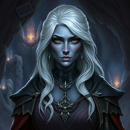 A fantasy-themed image featuring a mature drow woman with elegant and regal attire