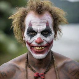 The Joker as interpreted through Papua New Guinea's cultural lens, adorned with traditional attire, face paint, and tribal tattoos.