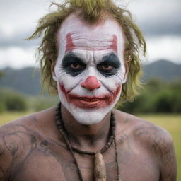 The Joker as interpreted through Papua New Guinea's cultural lens, adorned with traditional attire, face paint, and tribal tattoos.