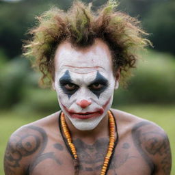 The Joker as interpreted through Papua New Guinea's cultural lens, adorned with traditional attire, face paint, and tribal tattoos.