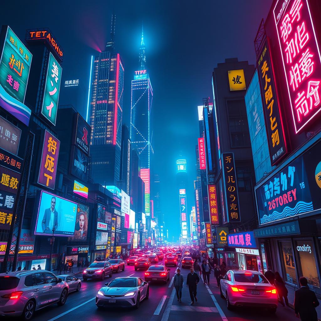 A vibrant neon cityscape at night, with towering skyscrapers adorned with glowing neon signs, bustling streets filled with futuristic vehicles, and people walking under the bright lights