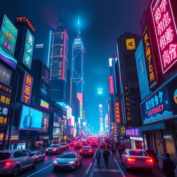 A vibrant neon cityscape at night, with towering skyscrapers adorned with glowing neon signs, bustling streets filled with futuristic vehicles, and people walking under the bright lights