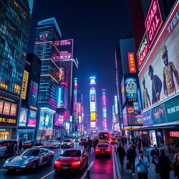 A vibrant neon cityscape at night, with towering skyscrapers adorned with glowing neon signs, bustling streets filled with futuristic vehicles, and people walking under the bright lights