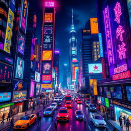 A vibrant neon cityscape at night, with towering skyscrapers adorned with glowing neon signs, bustling streets filled with futuristic vehicles, and people walking under the bright lights