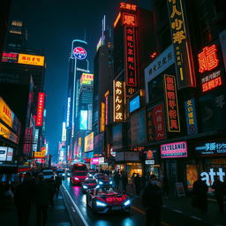 A vibrant neon cityscape at night, with towering skyscrapers adorned with glowing neon signs, bustling streets filled with futuristic vehicles, and people walking under the bright lights