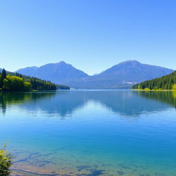 A beautiful landscape featuring a serene lake surrounded by lush green trees and mountains in the background under a clear blue sky