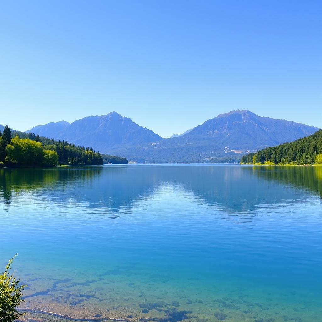 A beautiful landscape featuring a serene lake surrounded by lush green trees and mountains in the background under a clear blue sky