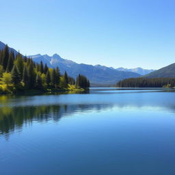 A beautiful landscape featuring a serene lake surrounded by lush green trees and mountains in the background under a clear blue sky