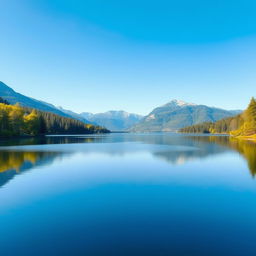 A beautiful landscape featuring a serene lake surrounded by lush green trees and mountains in the background under a clear blue sky