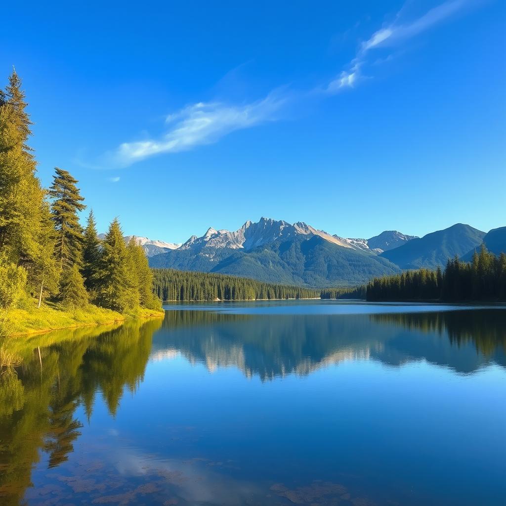 A beautiful landscape featuring a serene lake surrounded by lush green trees and mountains in the background under a clear blue sky