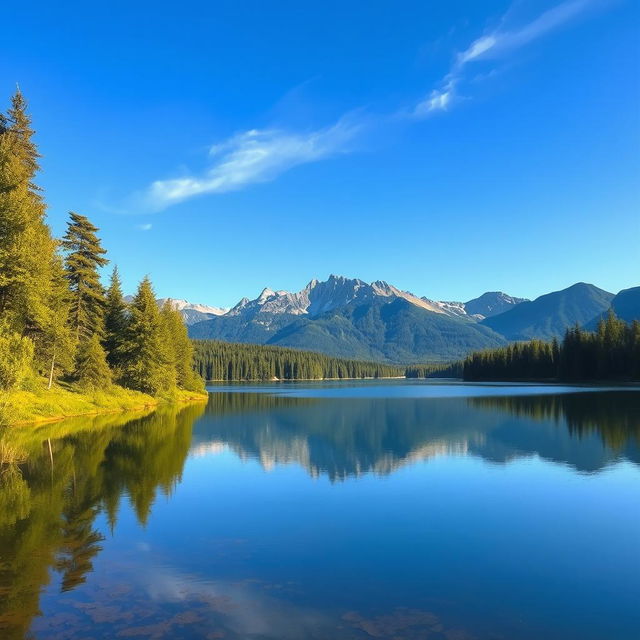 A beautiful landscape featuring a serene lake surrounded by lush green trees and mountains in the background under a clear blue sky