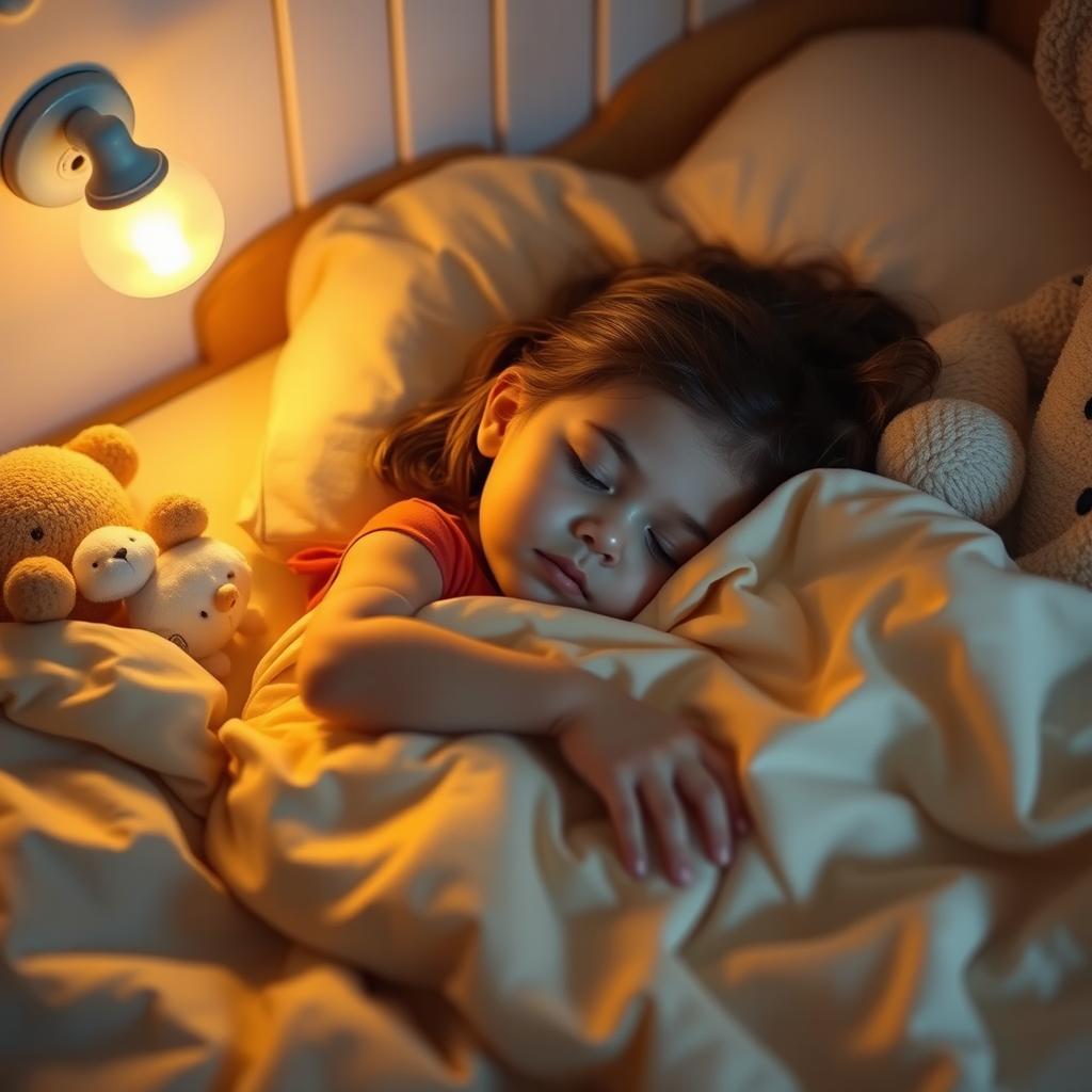 A young girl peacefully sleeping in a cozy bed with soft blankets and pillows