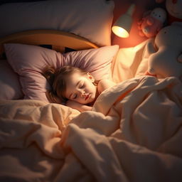 A young girl peacefully sleeping in a cozy bed with soft blankets and pillows