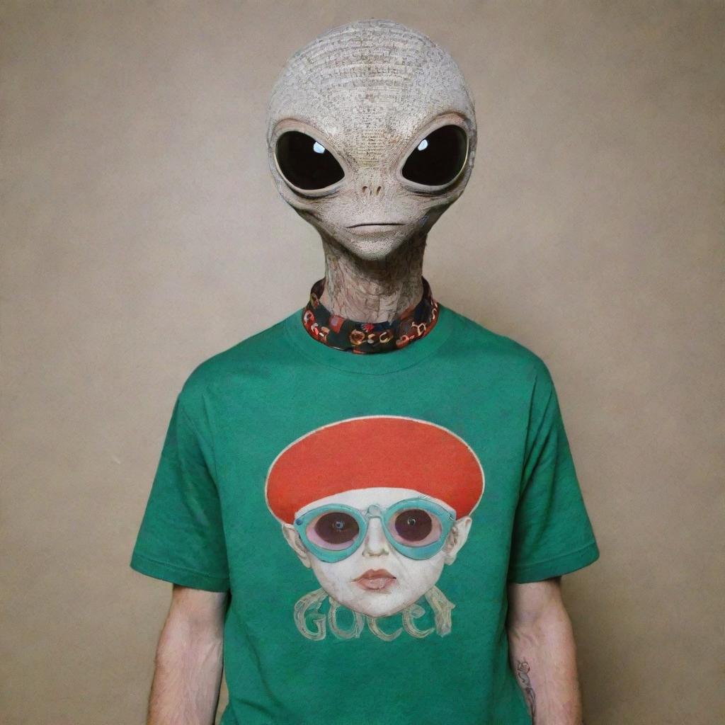 An extraterrestrial being proudly wearing a Gucci shirt.