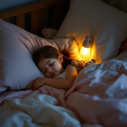 A young girl peacefully sleeping in a cozy bed with soft blankets and pillows