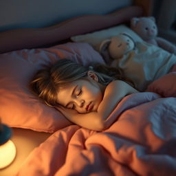 A young girl peacefully sleeping in a cozy bed with soft blankets and pillows