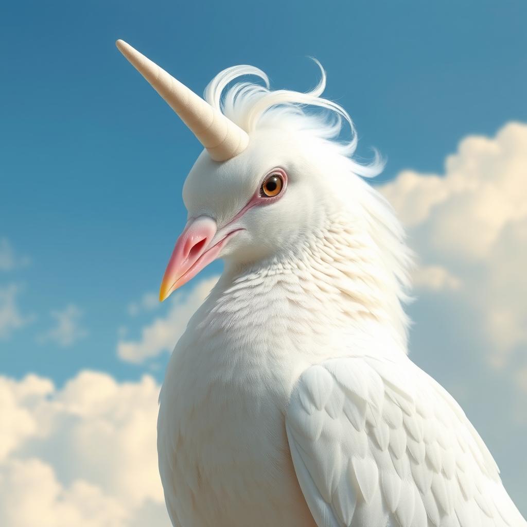 A dove with soft, white feathers, but instead of a typical dove's head, it has the elegant, mythical head of a unicorn, complete with a spiraled horn and flowing mane