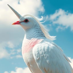 A dove with soft, white feathers, but instead of a typical dove's head, it has the elegant, mythical head of a unicorn, complete with a spiraled horn and flowing mane