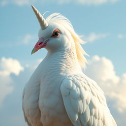 A dove with soft, white feathers, but instead of a typical dove's head, it has the elegant, mythical head of a unicorn, complete with a spiraled horn and flowing mane