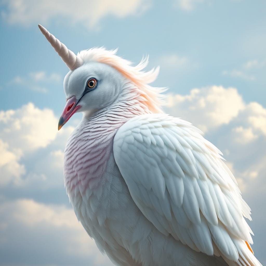 A dove with soft, white feathers, but instead of a typical dove's head, it has the elegant, mythical head of a unicorn, complete with a spiraled horn and flowing mane