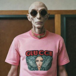 An extraterrestrial being proudly wearing a Gucci shirt.