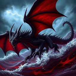 A fearsome Wyvern of the Blood Seas, with dark, crimson scales and piercing eyes