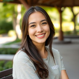 A natural-looking, attractive young woman with dark brown hair