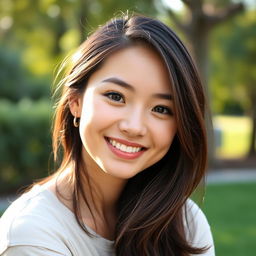 A natural-looking, attractive young woman with dark brown hair