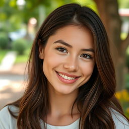 A natural-looking, attractive young woman with dark brown hair