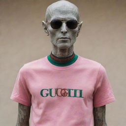 An extraterrestrial being proudly wearing a Gucci shirt.