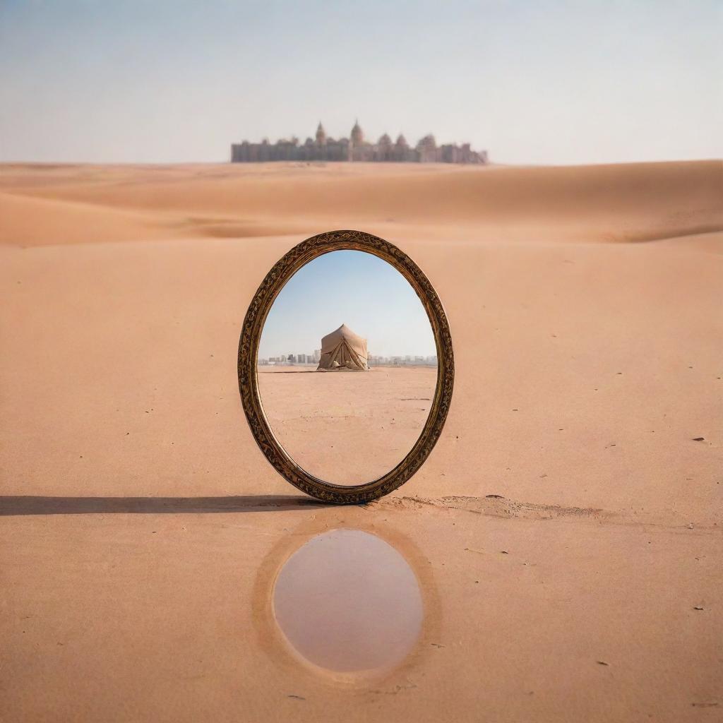 A solitary mirror stands in a vast desert, reflecting an Arabian-style tent. Beyond the mirror, the contrasting image of modern high-rise buildings can be seen.