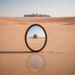 A solitary mirror stands in a vast desert, reflecting an Arabian-style tent. Beyond the mirror, the contrasting image of modern high-rise buildings can be seen.