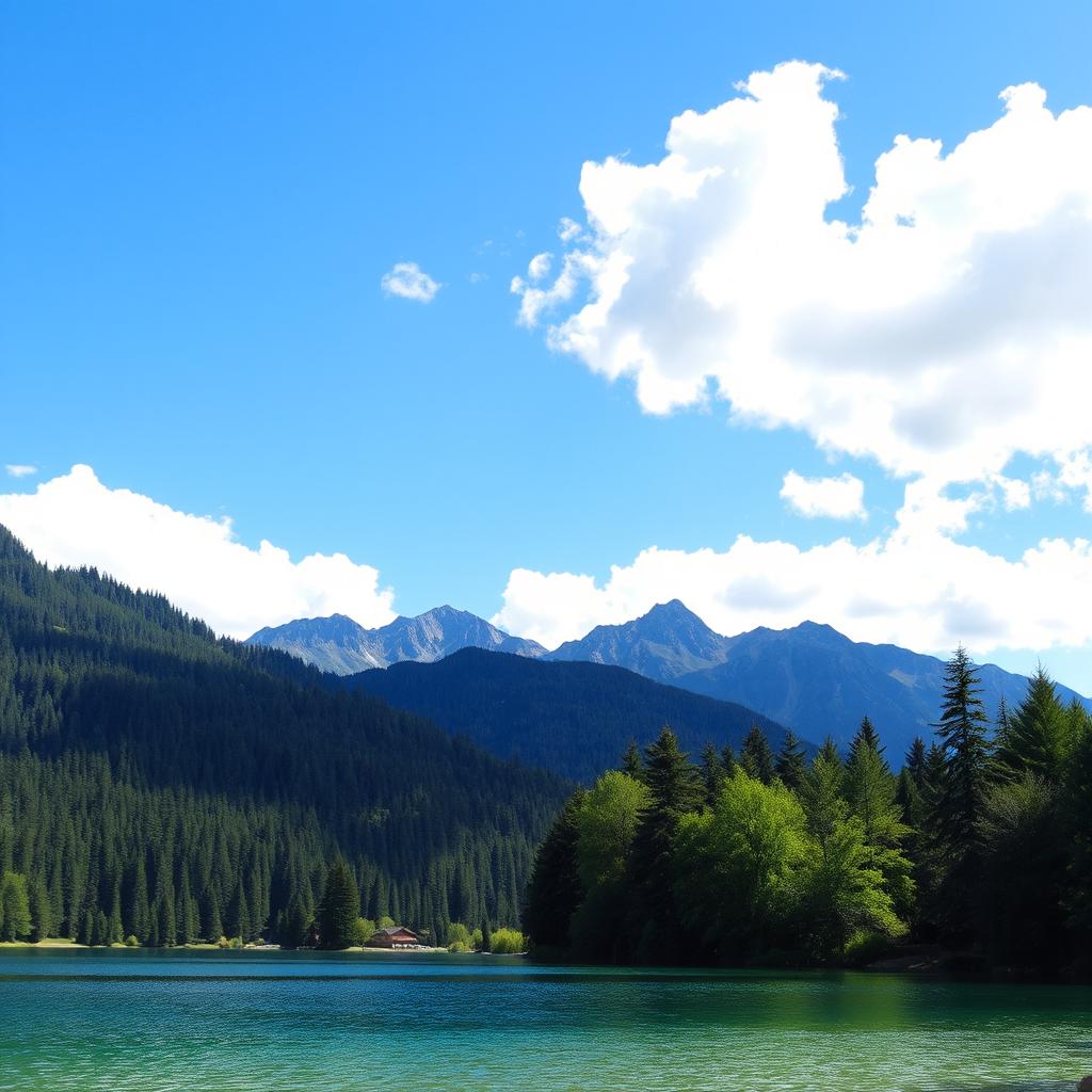 A serene landscape featuring a crystal-clear lake surrounded by lush green trees and mountains in the background under a bright blue sky with fluffy white clouds