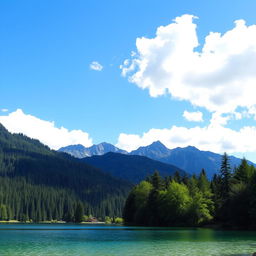 A serene landscape featuring a crystal-clear lake surrounded by lush green trees and mountains in the background under a bright blue sky with fluffy white clouds