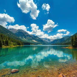 A serene landscape featuring a crystal-clear lake surrounded by lush green trees and mountains in the background under a bright blue sky with fluffy white clouds