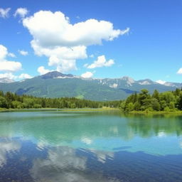 A serene landscape featuring a crystal-clear lake surrounded by lush green trees and mountains in the background under a bright blue sky with fluffy white clouds